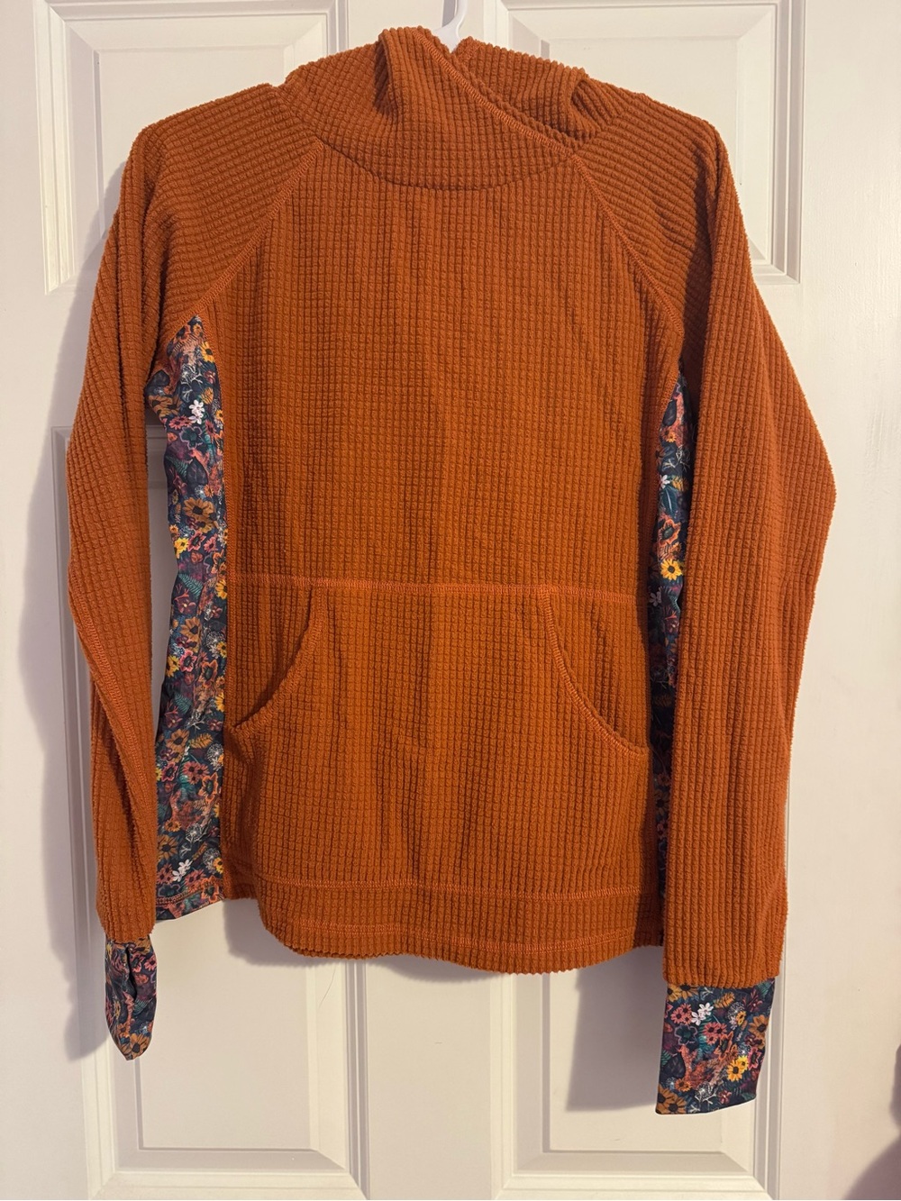 Youer “Climb On Hoodie” Microgrid Fleece, Persimmon Color with Floral Trim